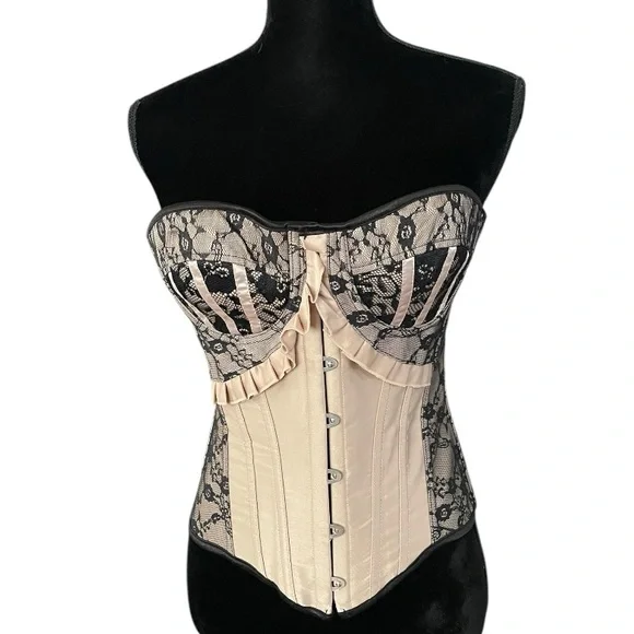 Sexy Gold with Black Lace Bone Hook & Eye Lace Up Corset Size M goth medieval - Picture 2 of 6